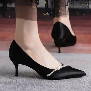 ChyJoey Stilettos Shoe Satin Luxury Pointy-Toe Nightclub Pearl Beaded Pump